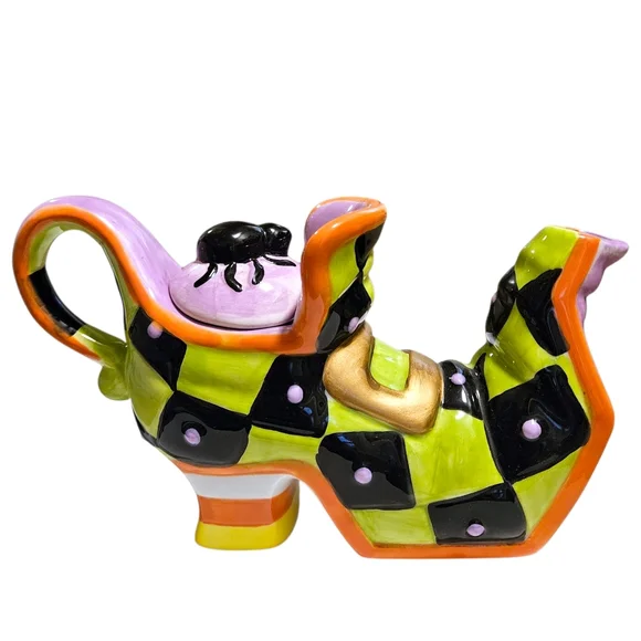 Ceramic Halloween Witch's Boot Teapot Spider Lid Harlequin Check Whimsical Decor - Picture 4 of 16